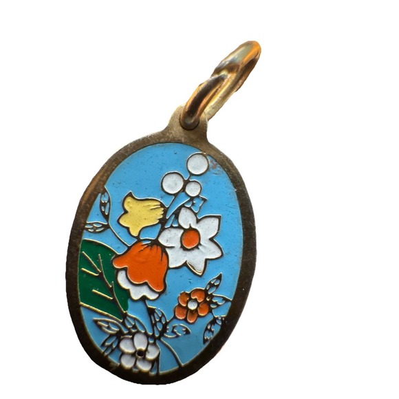The Unbranded Brand Jewelry - Vintage Cloisonné Brass Double Sided Enamel Flowers Taiwan 3/4" Pendant